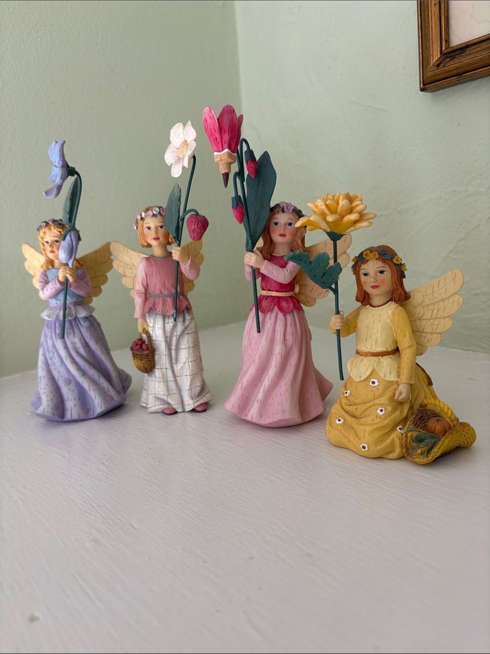 Set 4 wildflower, angels figurines, Lavender, Pink, White, Yellow Kathy Killip